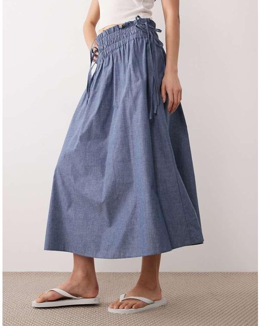 Wednesday's Girl Blue Chambray Tie Detail Midaxi Skirt