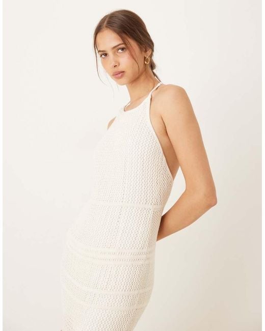 Abercrombie & Fitch Natural Crochet High Neck Open Back Maxi Dress With Beaded Straps