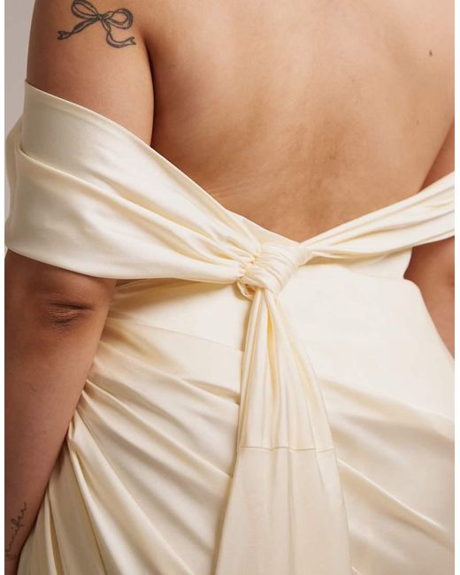 ASOS Natural Asos Design Curve Draped Bardot Tie Back Maxi Wedding Dress