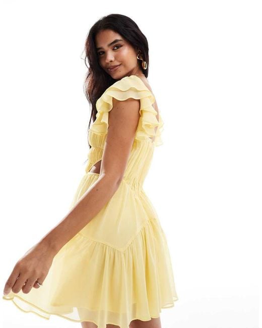 asos yellow skater dress 10 ASOS DESIGN Petite embellished crochet cut out mini skater dress with godet  in yellow