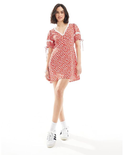 Wednesday's Girl Red Ditsy Floral Mini Tea Dress