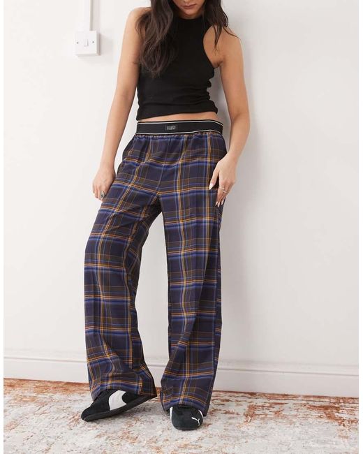 Monki Geruite Broek Met Wijde Pijpen En Boxer-Tailleband in het Blue