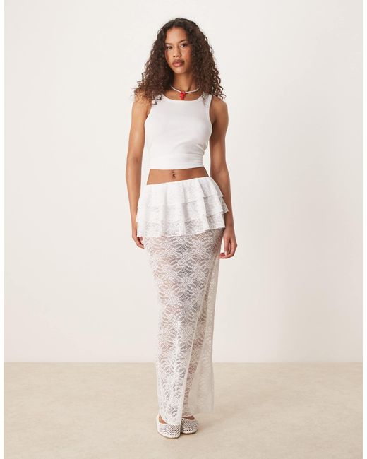 ASOS Natural Sheer Lace Column Maxi Skirt With Ruffle Waist