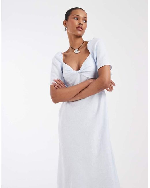 & Other Stories White Linen Puff Sleeve Midaxi Dress With Twist Sweetheart Neckline