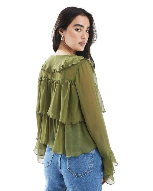 Miss Selfridge Green Chiffon Layered Tie Front Top