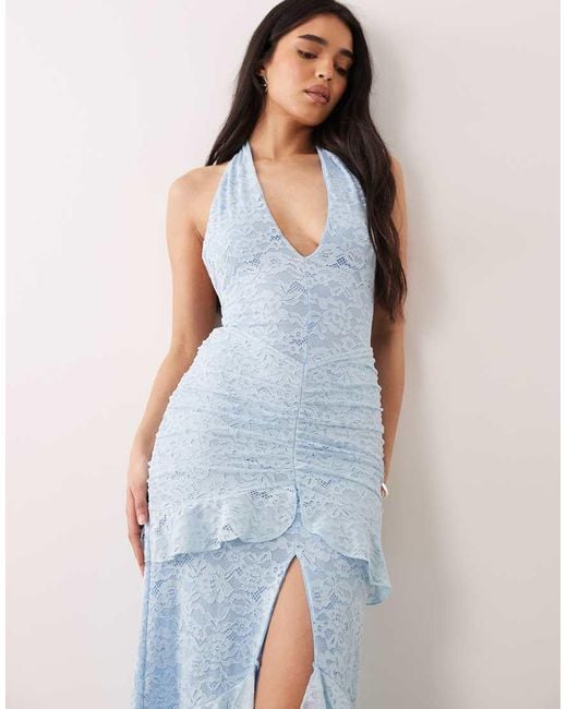 Murci Blue Lace Halterneck Plunge Tiered Ruffle Skirt Maxi Dress