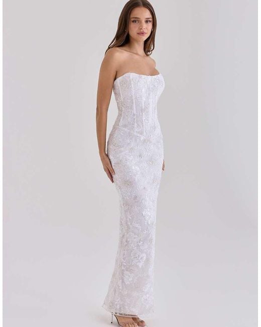 House Of Cb White Anisa Hand Beaded Embellished Strapless Maxi Dress