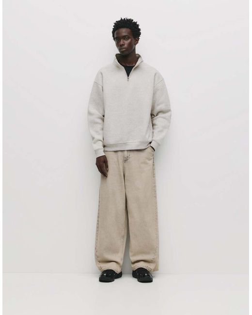 Felpa Basic Con Zip Corta Mélange di Pull&Bear in Natural da Uomo