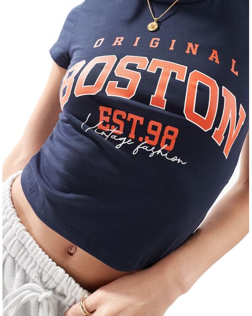 Noisy May Blue Cropped T-shirt With Boston Print