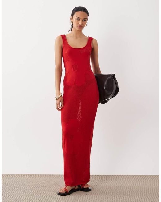ASOS Red Fine Knit Floral Maxi Dress