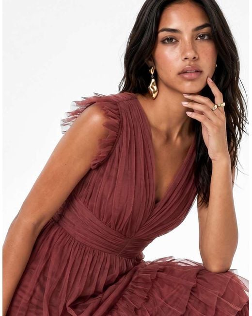 ANAYA Red Flutter Sleeve Ruffle Maxi Dress
