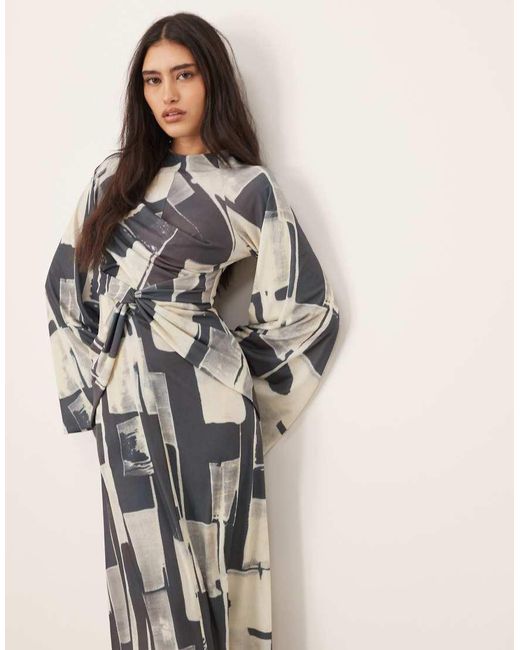 ARRANGE Maxi-Jurk Van Jersey Met Gedraaide Voorkant En Abstracte Geometrische Print in het Natural
