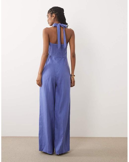 Mango Blue 100% Linen Halterneck Jumpsuit