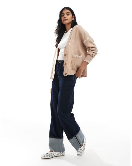 Brave Soul Natural Contrast Stitch Button Through V-Neck Cardigan