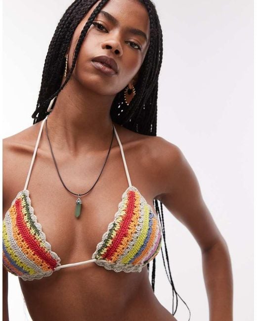 It's Now Cool White Crochet Stripe Bikini Top