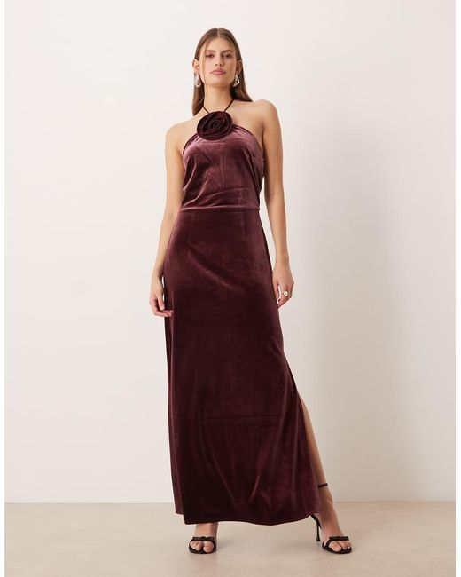 Y.A.S Red Velvet Halterneck Maxi Dress With Rosette
