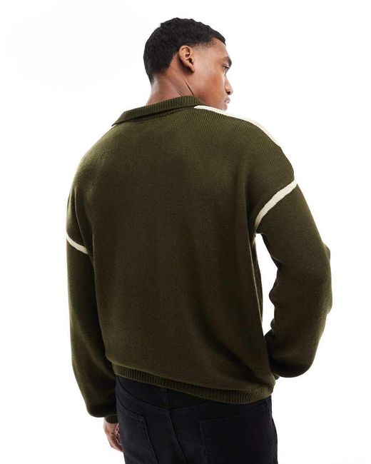 ASOS Green Relaxed Knitted Polo Jumper With Contrast Panels for men