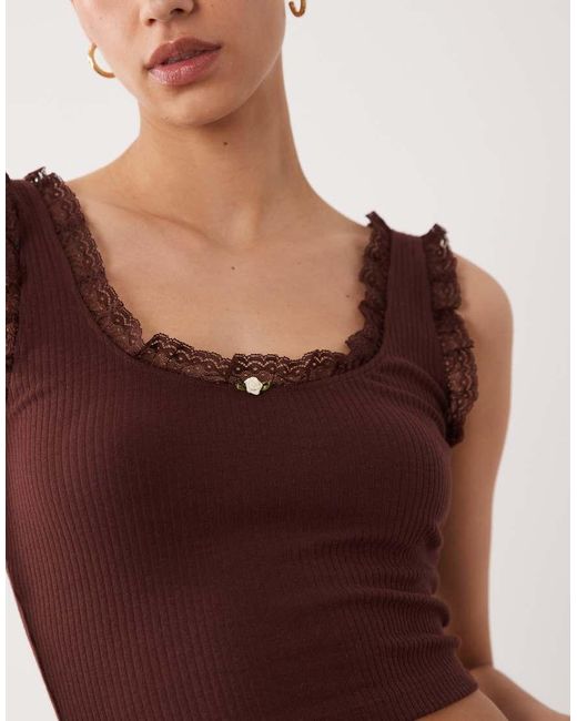 Miss Selfridge Blue Ribbed Vest Top With Lace Detail
