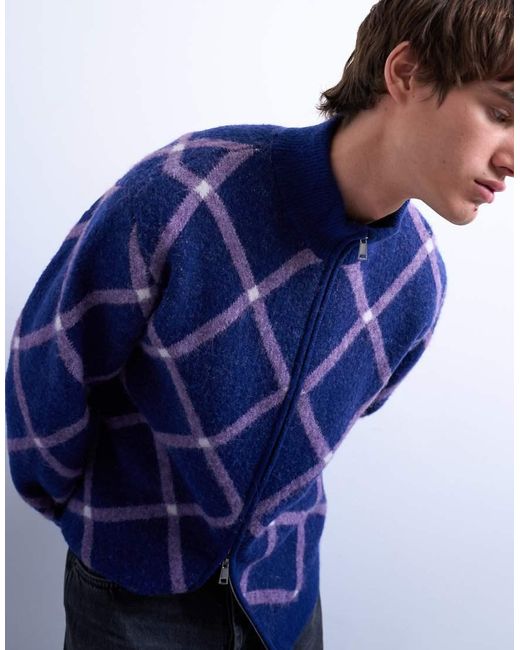 Topman Blue Regular Fit Zip Through Funnel Neck Argyle Knit Cardigan for men