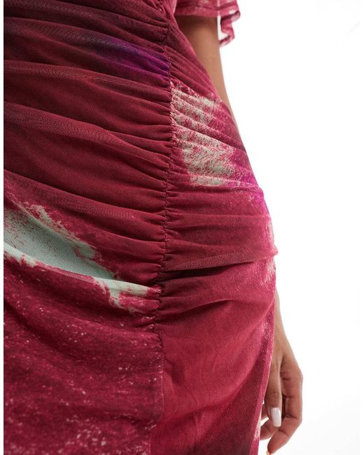 ASOS Gedrapeerde Midi Jurk Van Mesh Met Korte Mouwen En Rimpeleffect in het Red