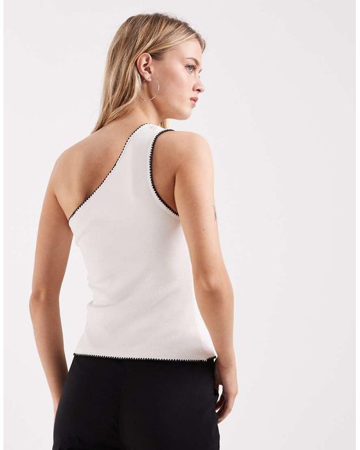 ASOS Natural Ribbed One Shoulder Vest With Blanket Stitch Detail
