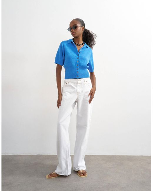 TOPSHOP Blue – tailliertes polohemd aus frottee-feinstrick