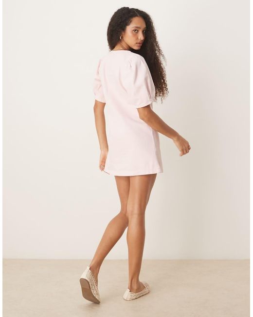 ASOS Pink Denim Button Through Mini Dress With Puff Sleeves