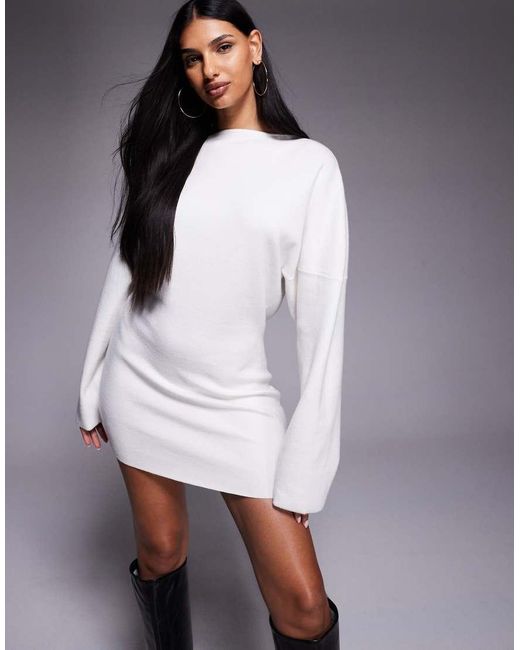 The Frolic White Exclusive Straight Neck Ribbed Knit Balloon Sleeve Mini Jumper Dress