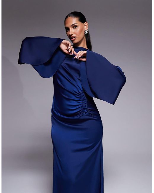 ASOS Blue exaggerated Sleeve Bias Maxi Dress With Ruched Waist