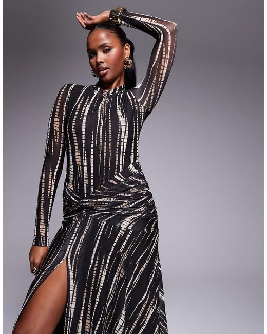 Bardot Gray Printed Sheer Mesh Maxi Dress With Twist Side