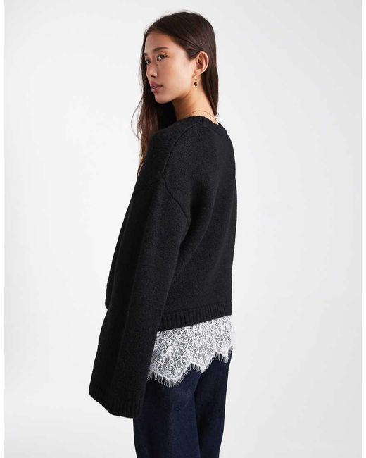 ASOS Black Knitted Fluffy Wide Sleeve Jumper With Lace Hem
