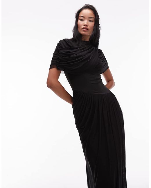 HEIRESS BEVERLY HILLS Black Mesh Overlay Drape Detail Asymmetric Drop Waist Maxi Dress