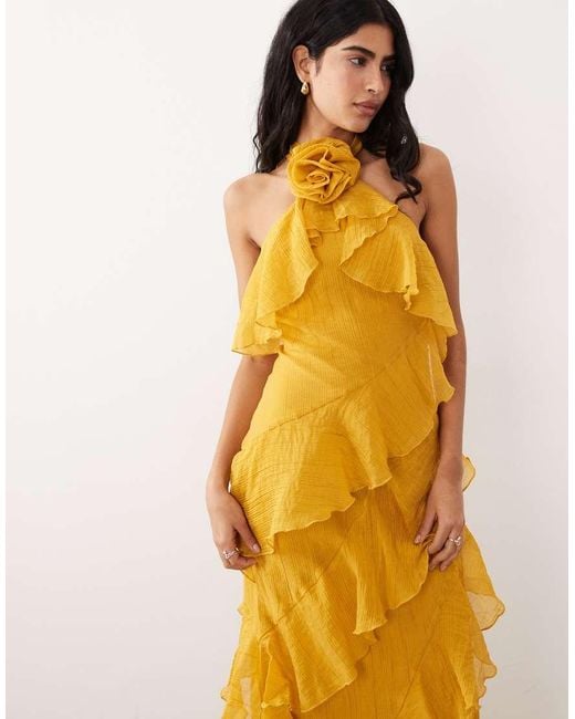 Pretty Lavish Metallic Corsage Halter Neck Asymmetric Tiered Ruffle Maxi Dress