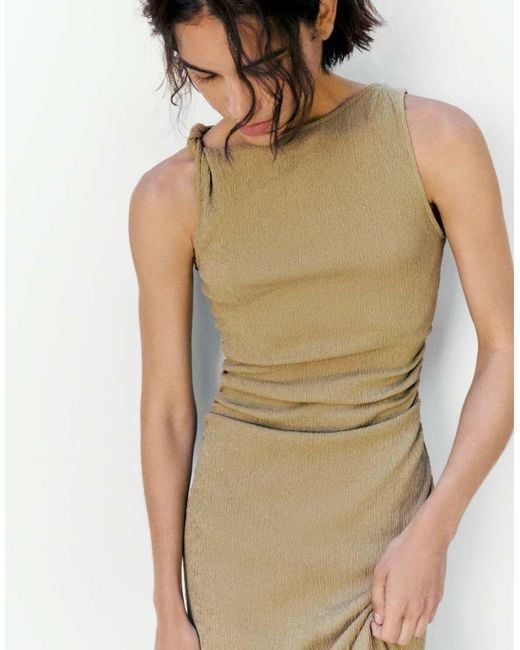 Pull&Bear White Gathered Knot Midi Dress