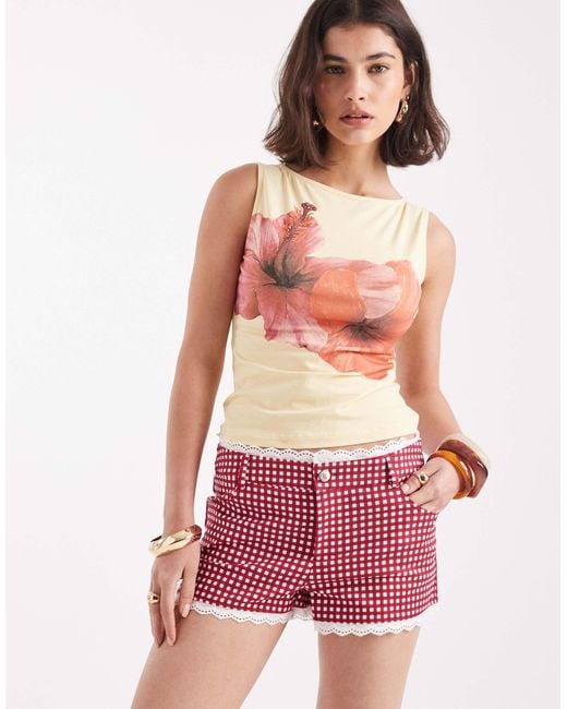 WeWoreWhat Red Low Rise Micro Shorts With Lace Trim