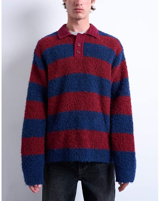 Topman Blue Relaxed Fit Knitted Stripe Polo Jumper for men