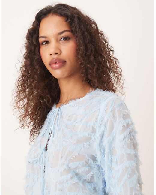 Vila Blue Long Sleeved Feathered Tie Front Top