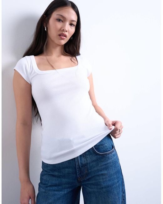 TOPSHOP White Square Neck Rib Cap Sleeve Tee