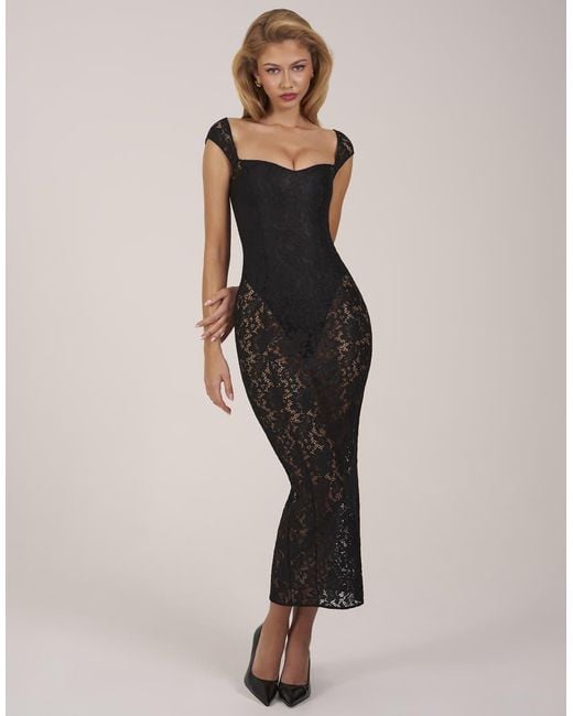 Oh Polly Natural Lace Sweetheart Neck Cap Sleeve Mesh Maxi Dress