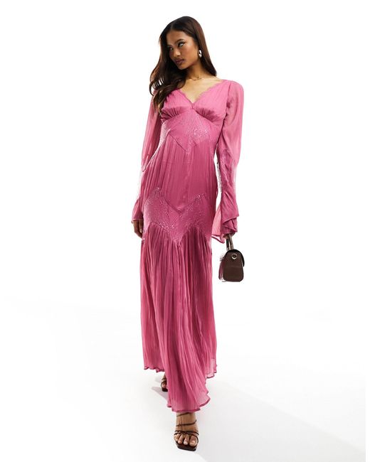 ASOS Pink Long Sleeve Lace Insert Crinkle Maxi Dress