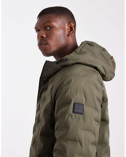 Threadbare Green Textured Puffer Coat With Hood for men
