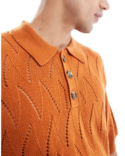 ASOS Orange Oversized Knitted Pointelle Polo for men