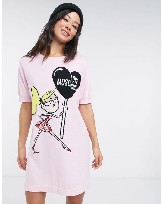 Love Moschino Pink Doll Print Jumper Dress
