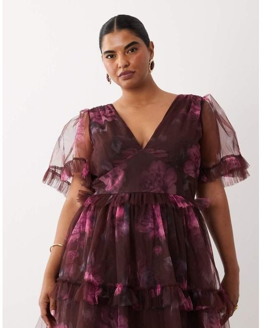 Lace & Beads Plus Brown Tulle Puff Sleeve Ruffle Tiered Maxi Dress