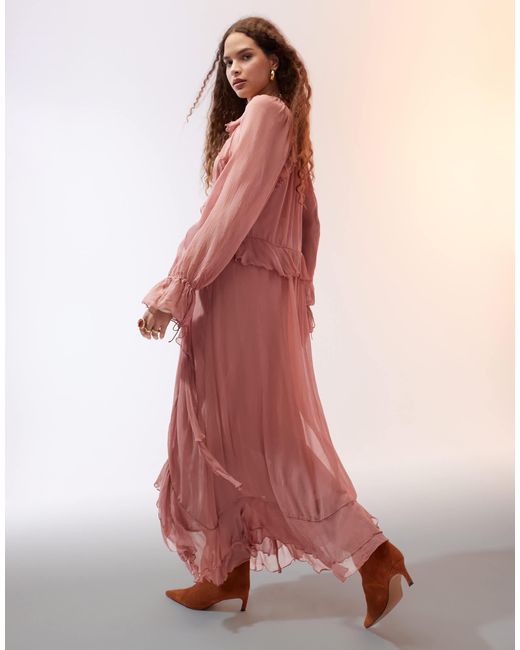 Mango V Neck Ruffle Layer Maxi Dress in Pink | Lyst