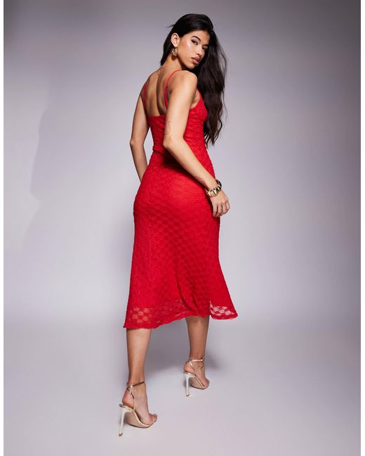 Bardot Red Lace Mesh Cami Midi Dress
