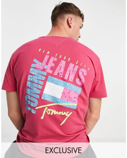 Tommy Hilfiger – t-shirt mit logo und foto-rückenprint in Pink für Herren