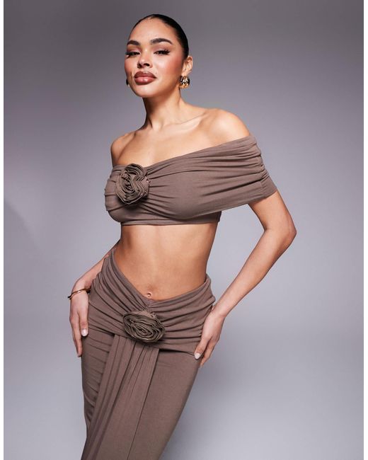 Wanderdoll Brown Belle Ruched Bardot Top And Maxi Skirt Set With Corsage Drape Detail