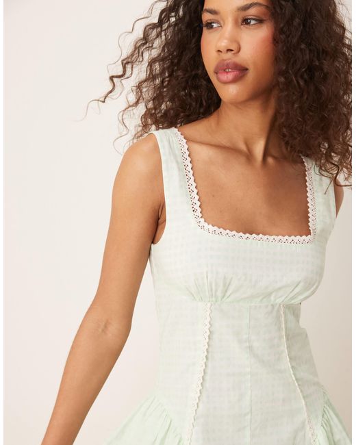 ASOS Natural – prärie-maxikleid mit eckigem ausschnitt, tiefer taille und mintfarbenem vichy-karomuster