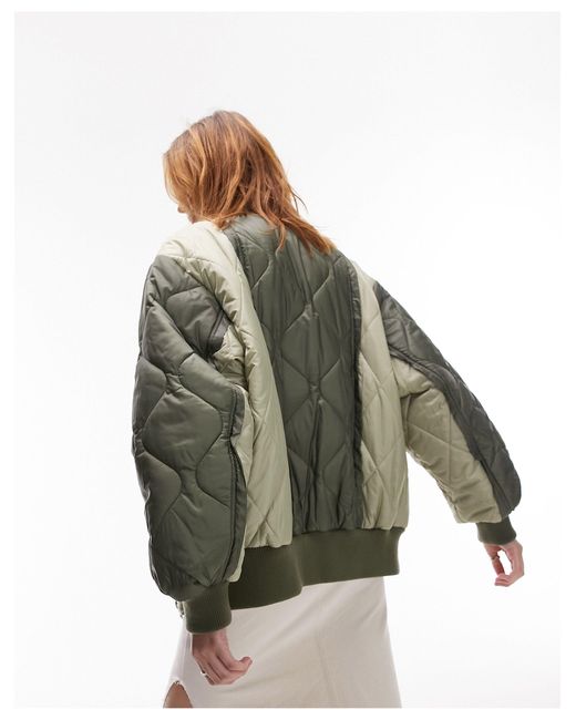 TOPSHOP Green Patchwork Quilted Bomber Jacket